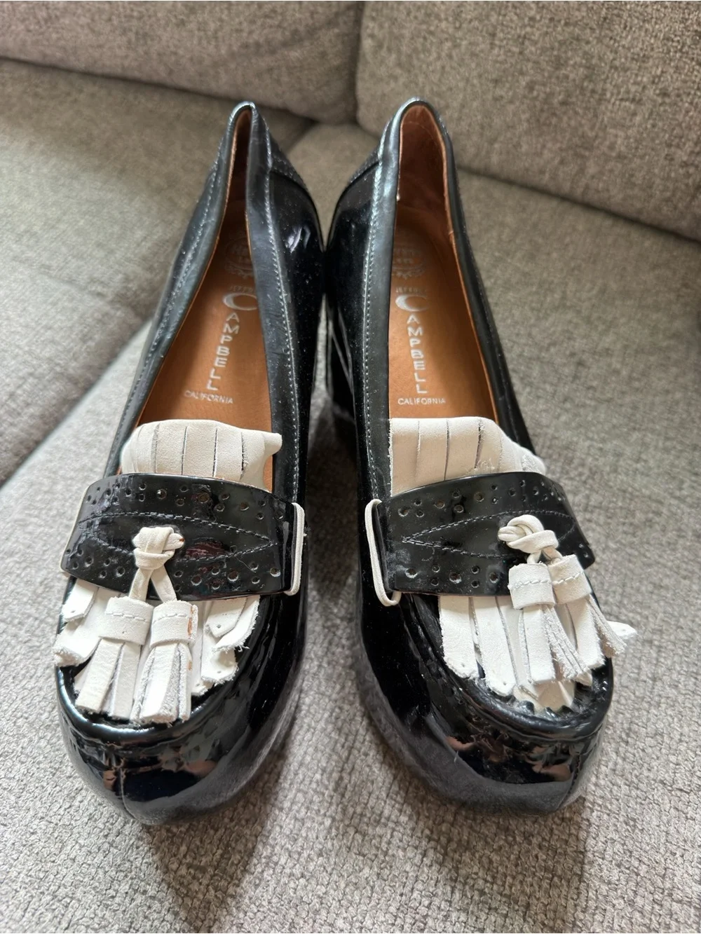 Sara Campbell Black Patent Leather Tassel Loafers with White Fringe
